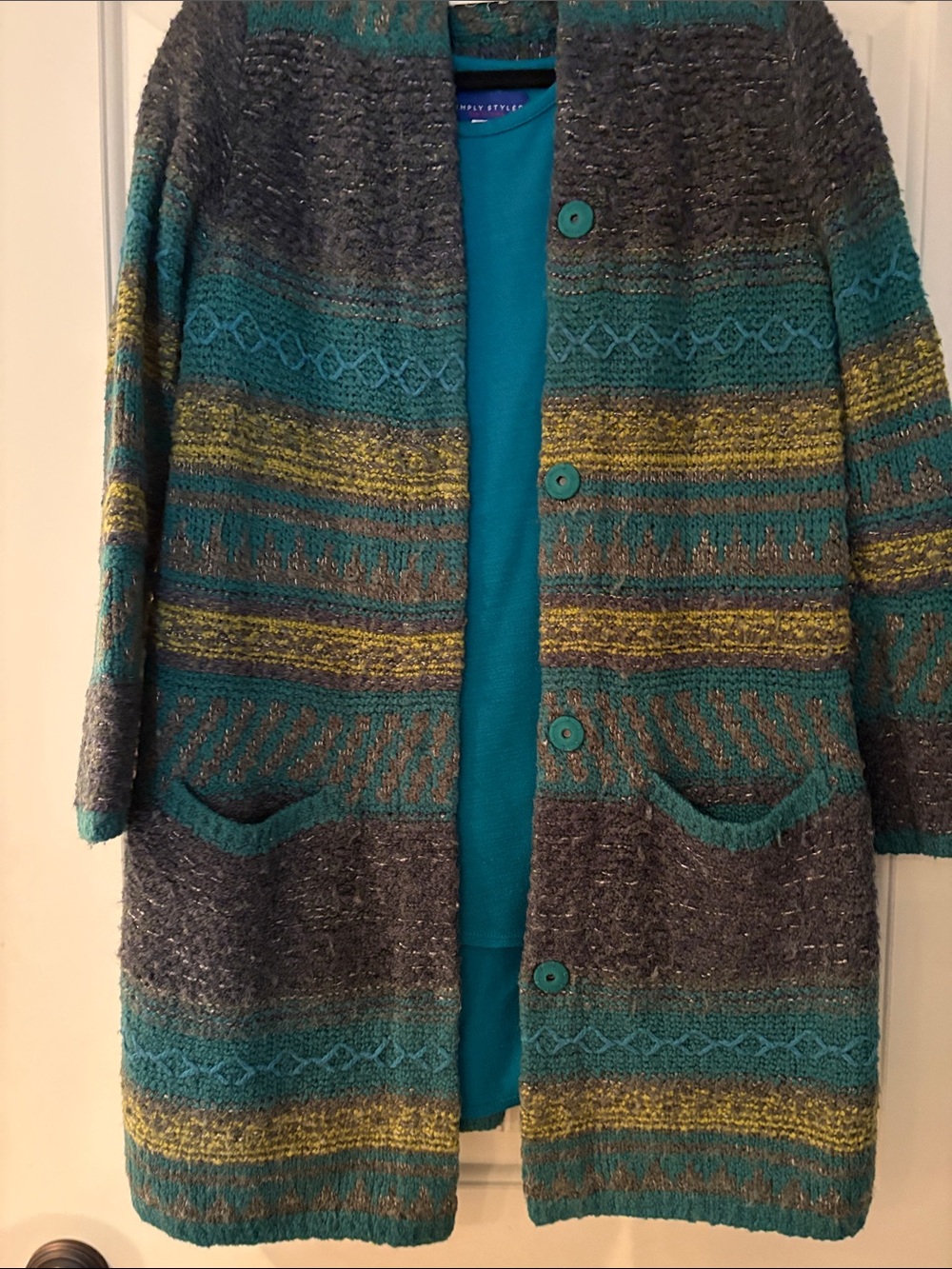 J. Jill Teal Long Sweater Navy Gray & Green Patterned Cardigan